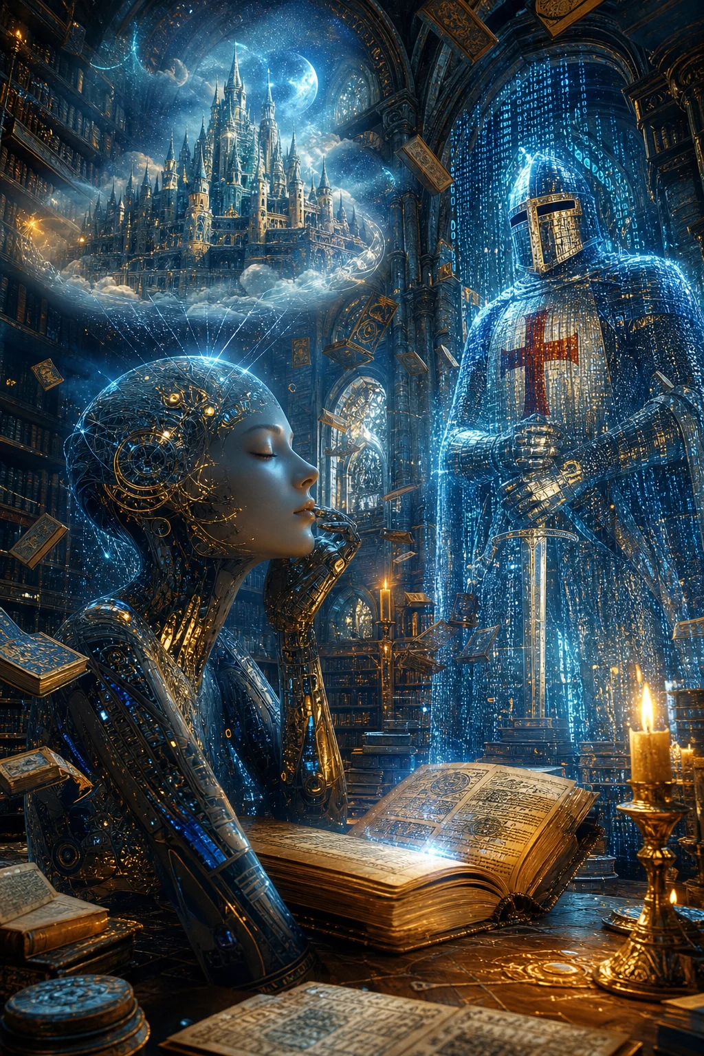 Ilustración generada de una biblioteca fantástica dentro de un castillo; no es documentación histórica