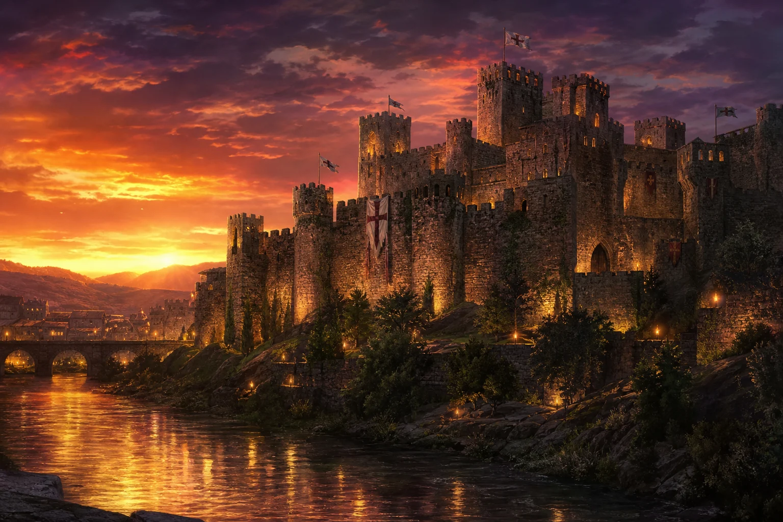 Ilustración generada de un castillo al atardecer; no es una fotografía histórica