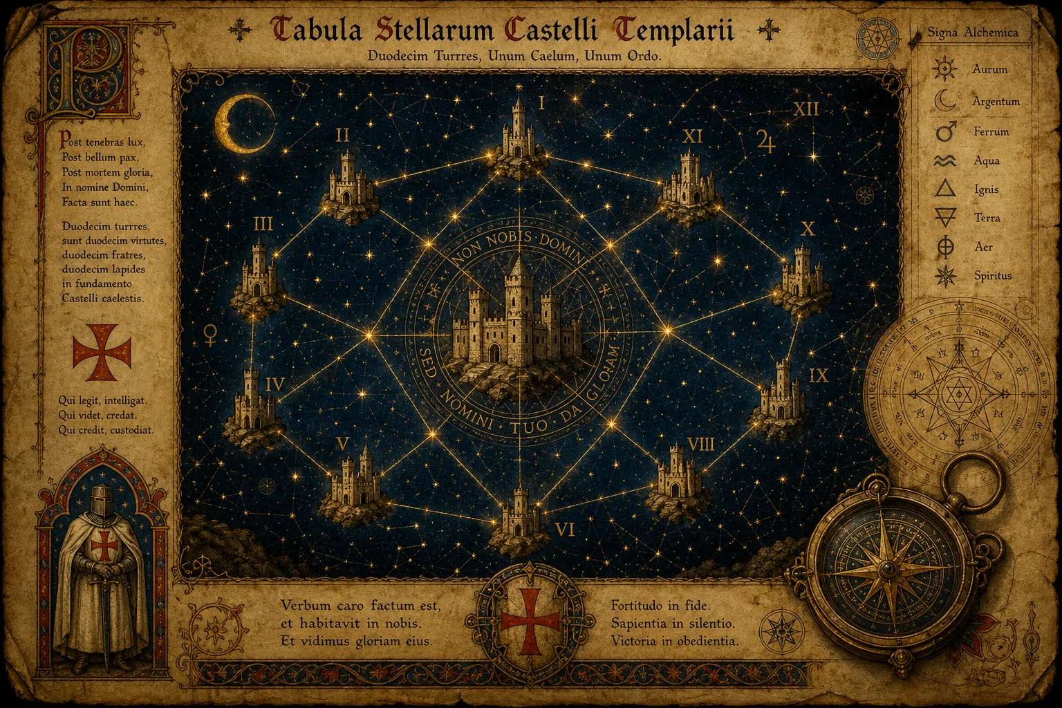 Ilustración generada de un mapa estelar inspirado en doce torres; no es un mapa arqueológico